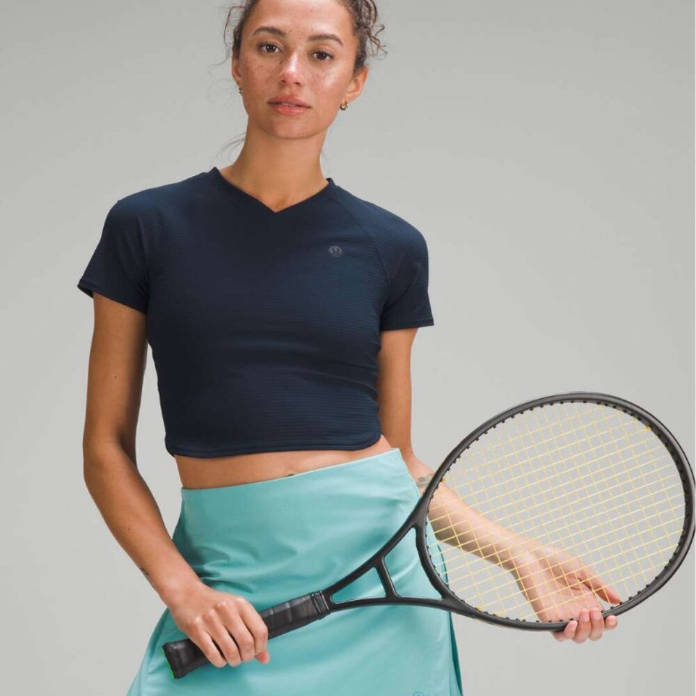 Lululemon Grid-Texture Cropped Tennis Short-Sleeve Shirt – True Navy